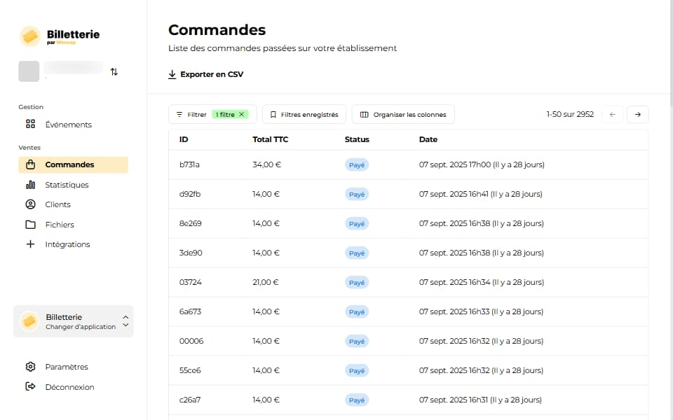 Interface de commande de la billetterie